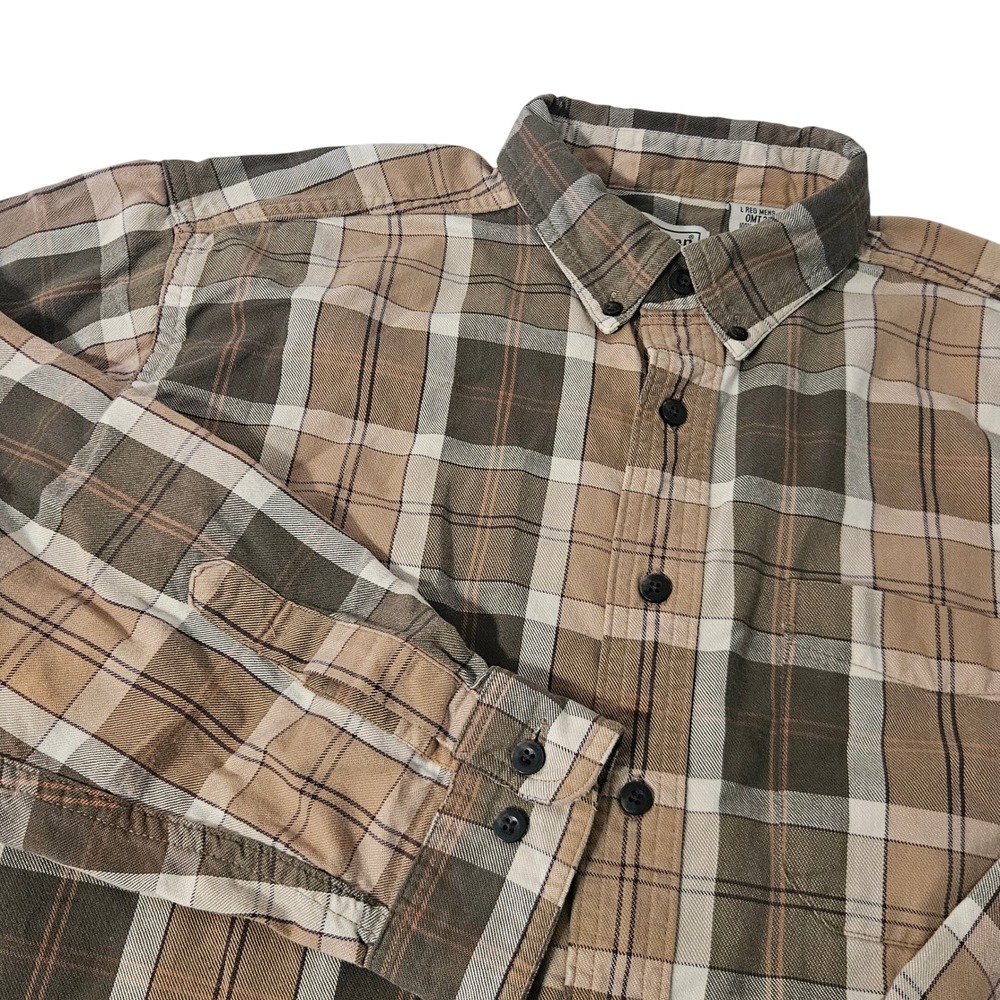 LL Bean Mens Large Brown Tan Plaid Flannel Button‎ Down Shirt Cotton Made Canada